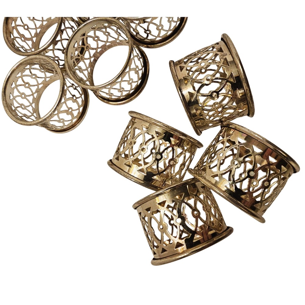 Vintage Silver Toned Filigree Napkin Rings Set of 9 Openwork Lattice Design
